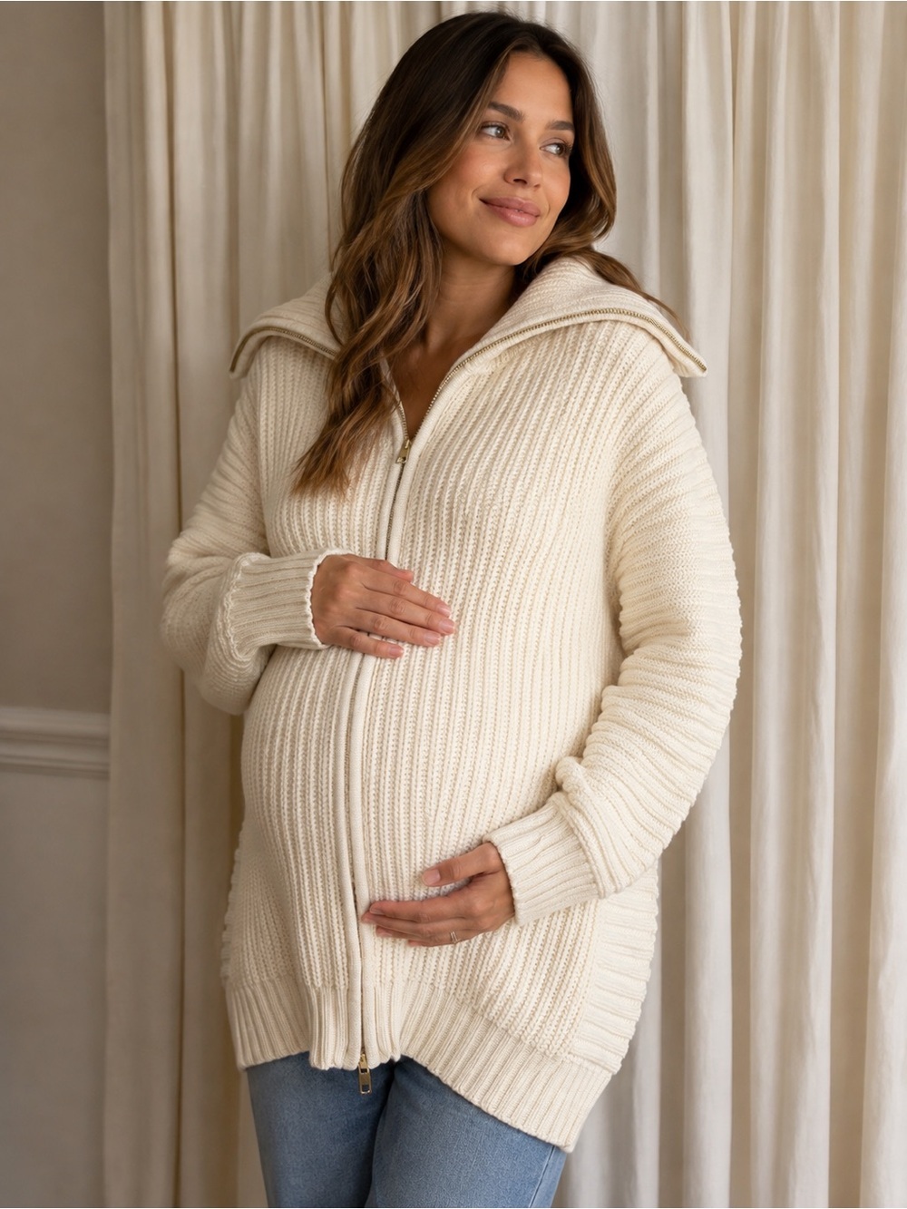 A Pea In The Pod-525 America Cream Maternity Zip-Front Ribbed Sweater